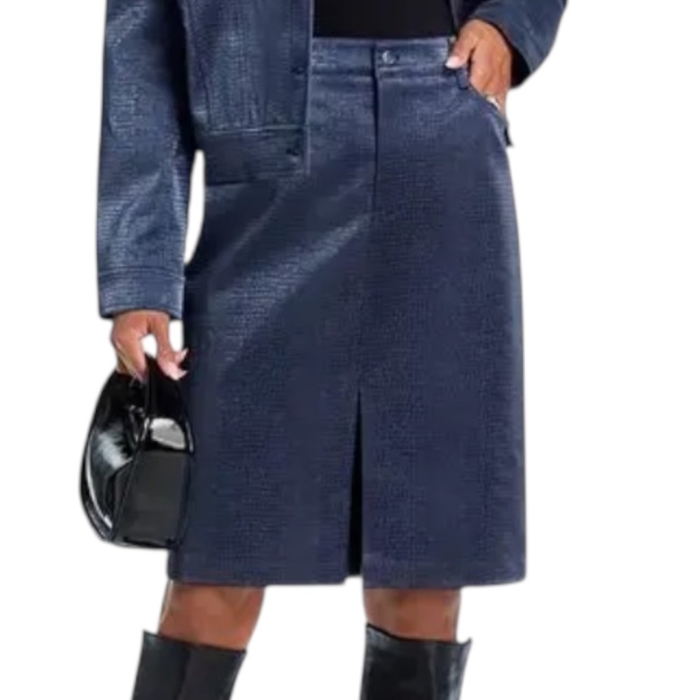WAYF Camille Faux Leather Snake Embossed Skirt Navy XL Midi Slit